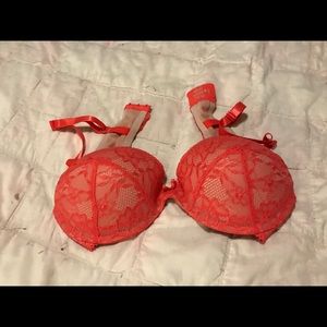 Coral lace bra with cheeky lace panties